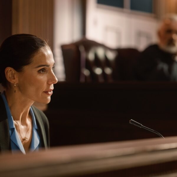 Assault defense attorney addressing the judge during the trial in Glen Burnie, MD