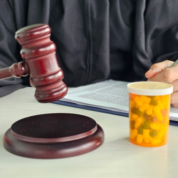 Drug offense attorney reviewing case with gavel and pills in Glen Burnie, MD